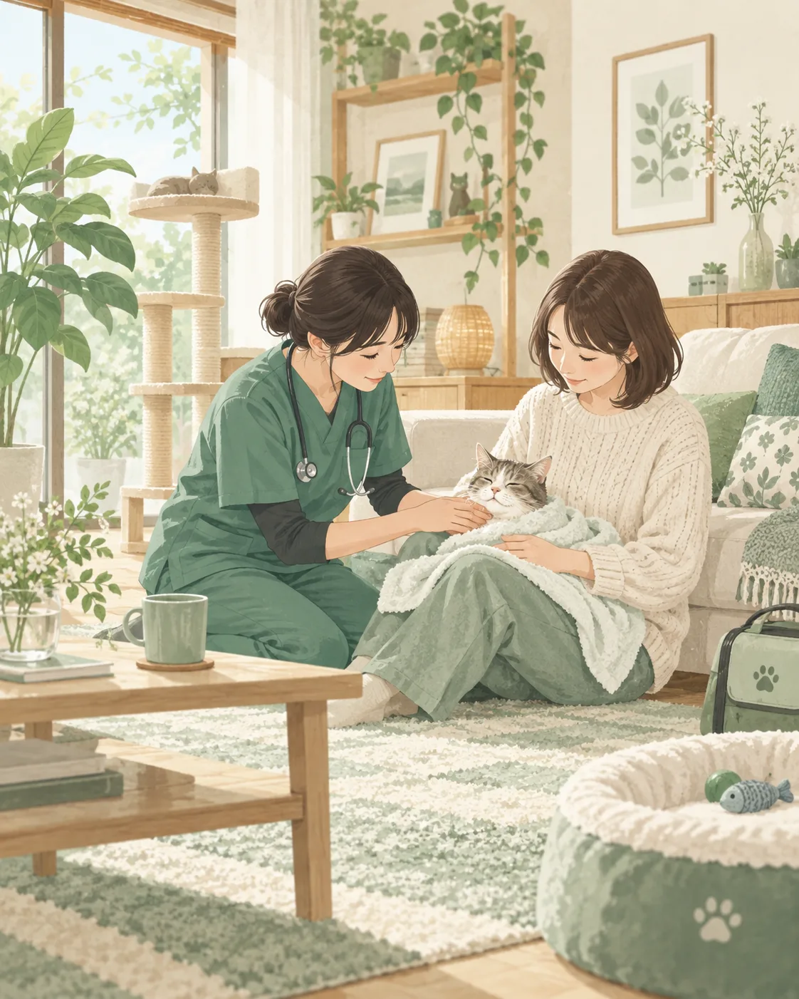 ご自宅で猫のケアをする愛玩動物看護師と飼い主