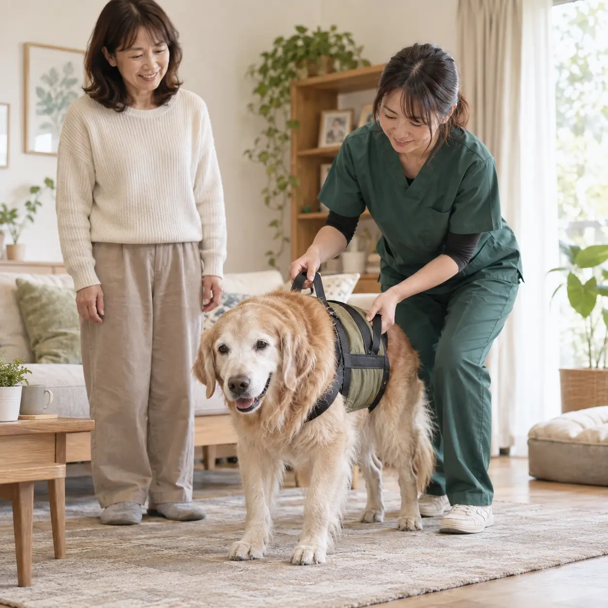 ご自宅で歩く練習をする犬と、支える動物看護師・見守る飼い主